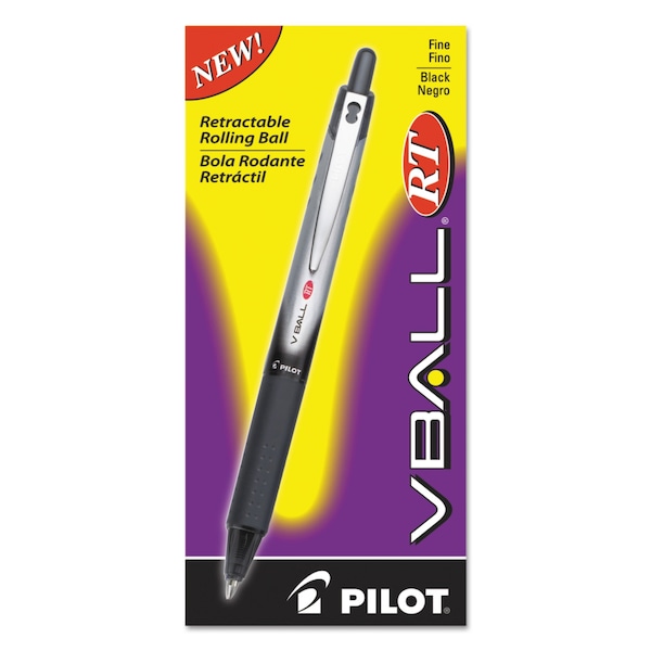 VBall RT Liquid Ink Roller Ball Pen, Retractable, Fine 0.7 Mm, Black Ink, Black/White Barrel, 12PK